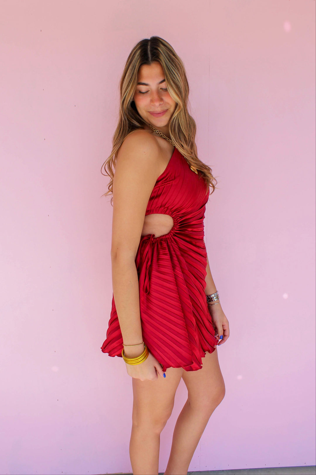 Red Pleated One Shoulder Dress