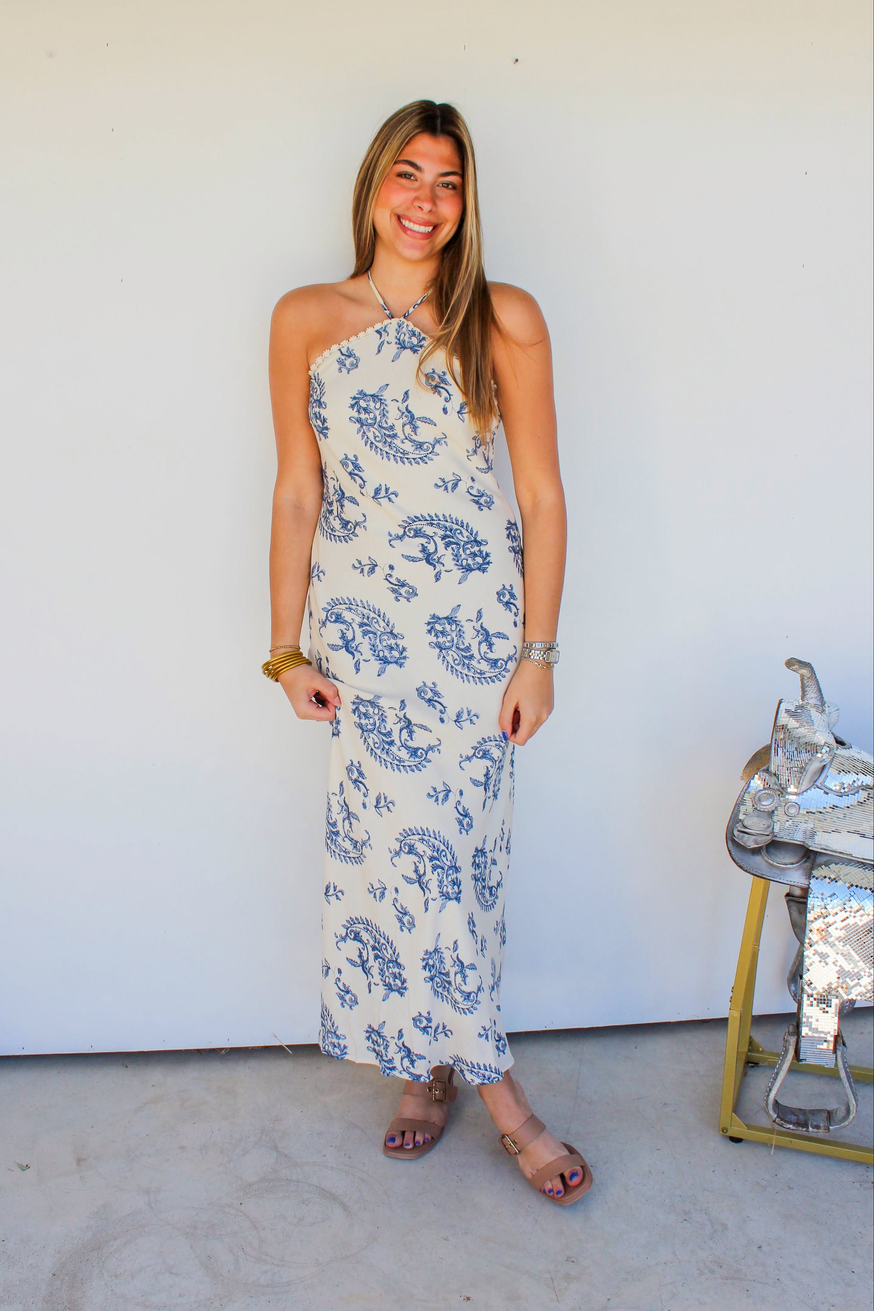 blue paisley midi dress