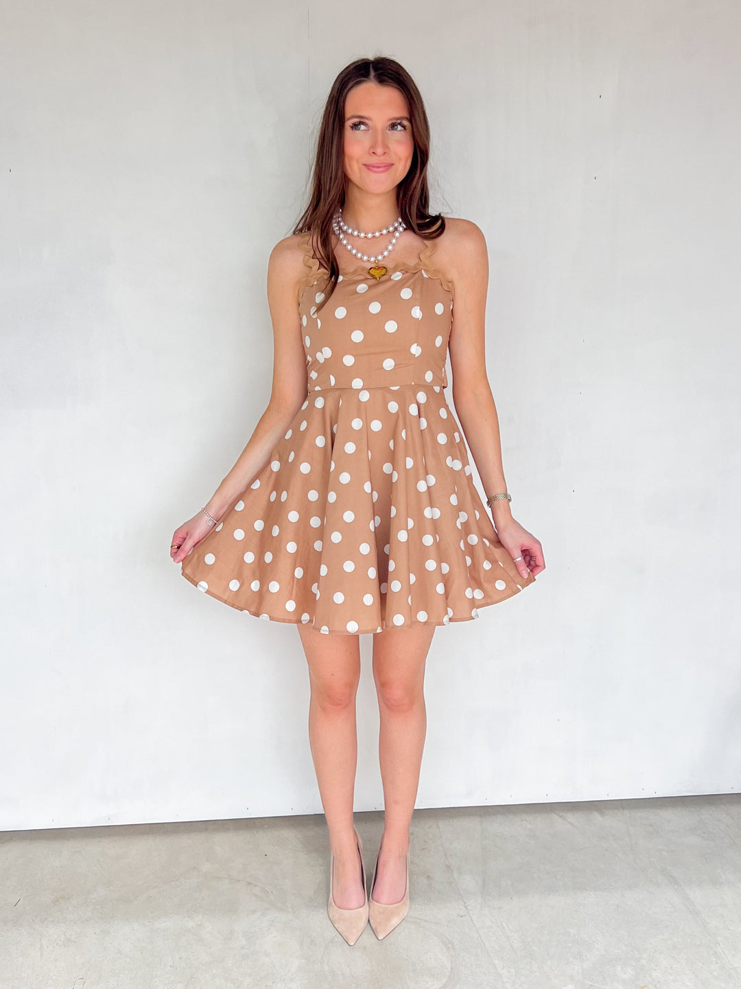 Mocha & white polka dot dress