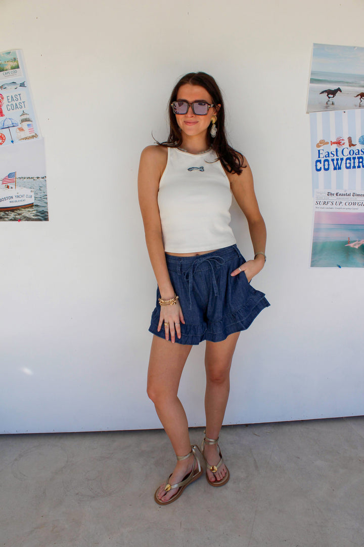 Dark Wash Denim Ruffle Shorts