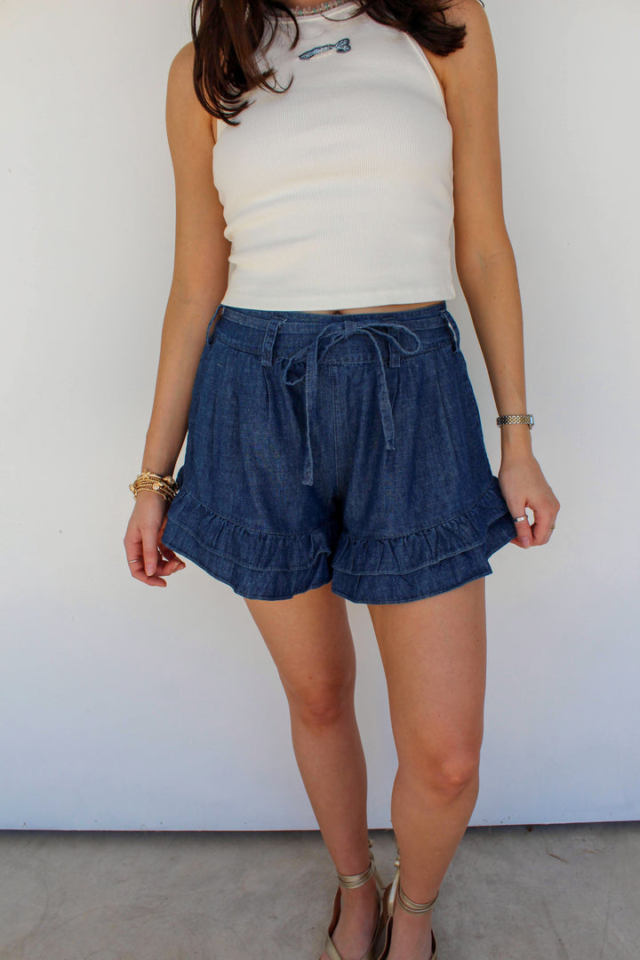 Dark Wash Denim Ruffle Shorts