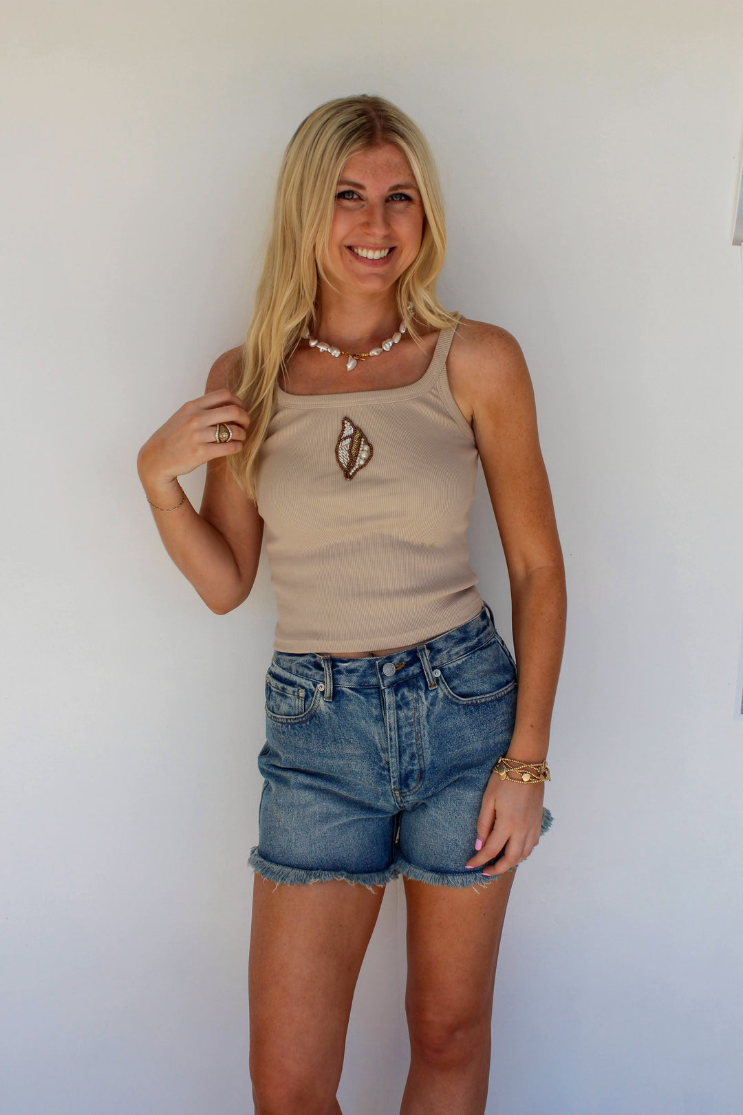 Tan Shell Beaded Top
