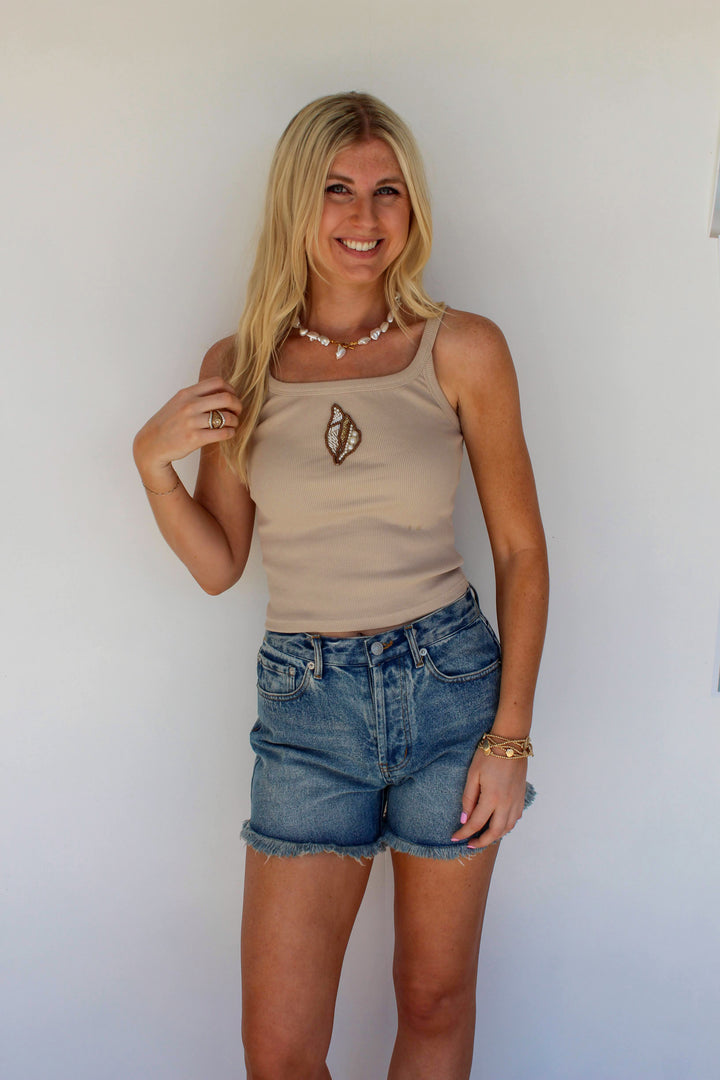 Tan Shell Beaded Top