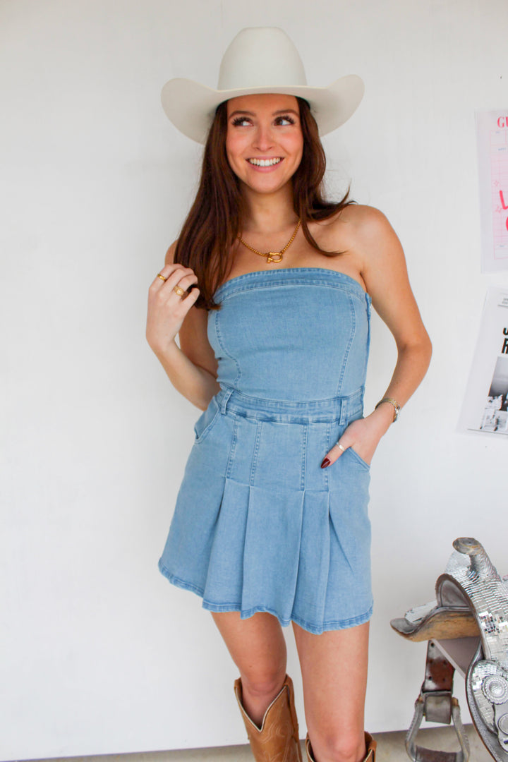 Strapless Mini Denim Dress with Pleating