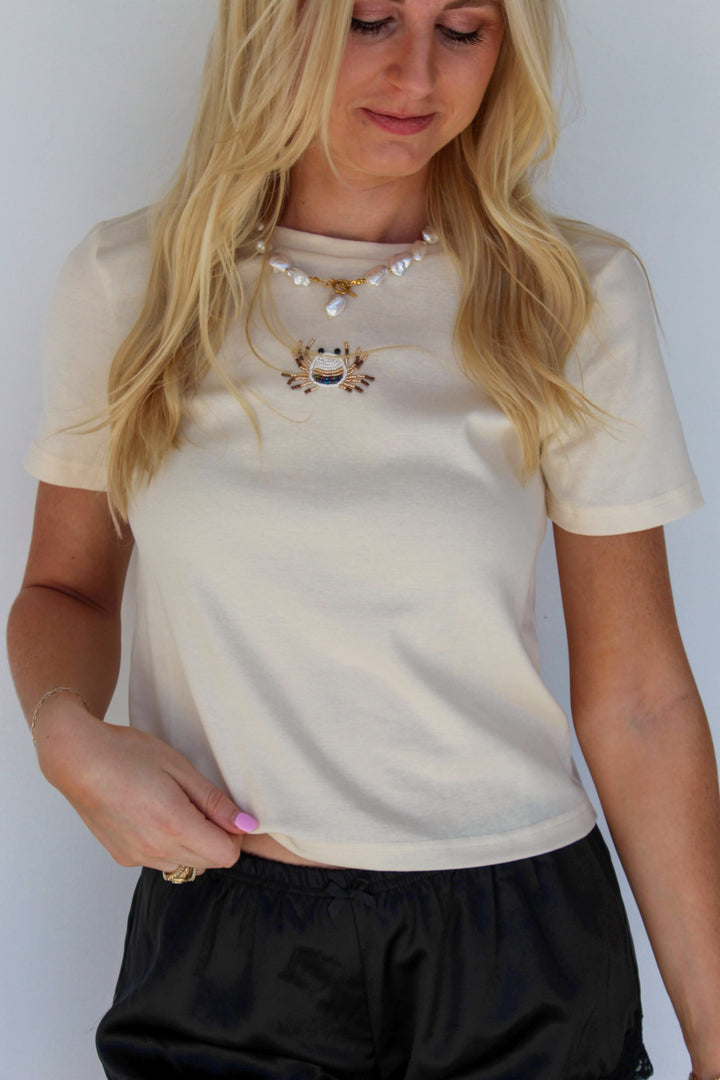 Crab Beaded Baby Tee in Cream