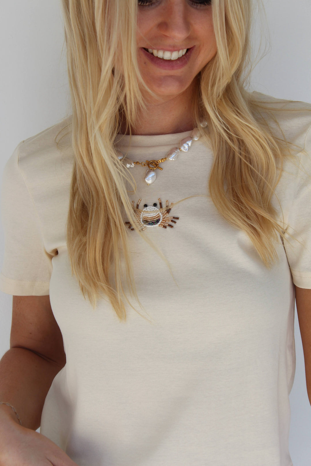 Crab Beaded Baby Tee in Cream
