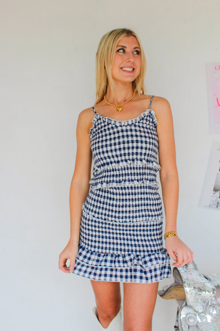 Navy Gingham Smocked Mini Dress