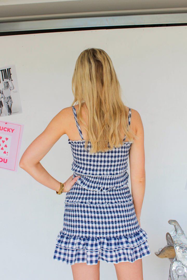 Navy Gingham Smocked Mini Dress