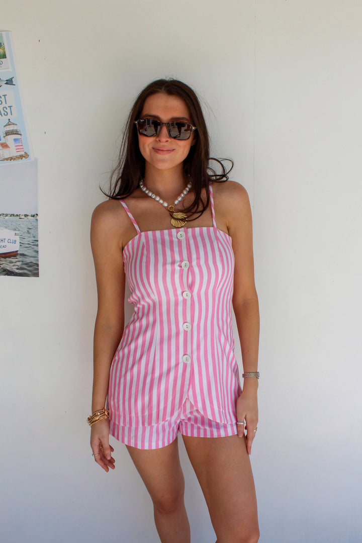 Pink and White Striped Romper