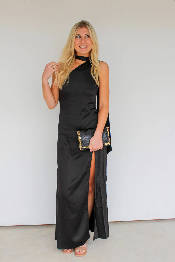 Black Satin Scarf Maxi Dress