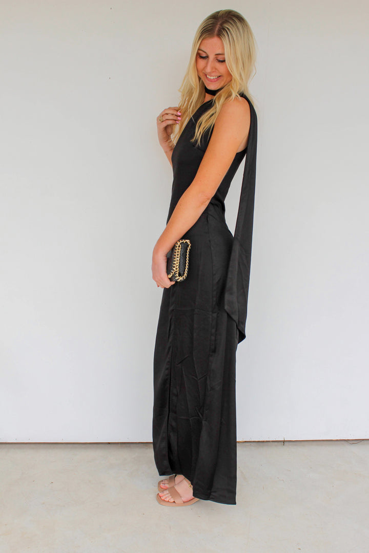 Black Satin Scarf Maxi Dress