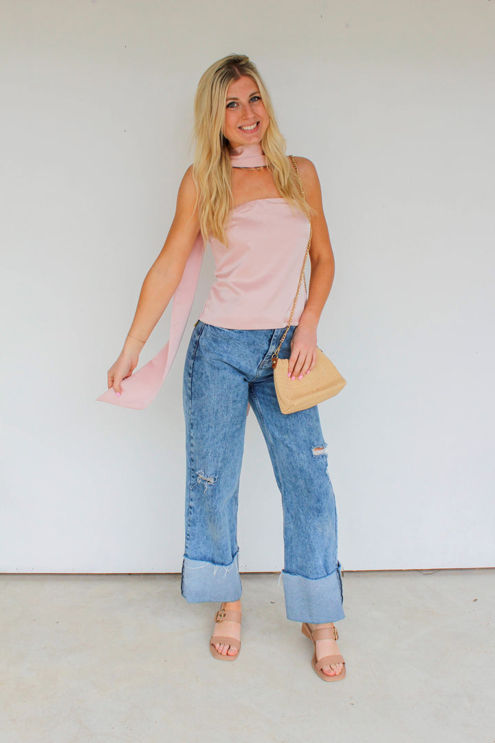 Neck Scarf Tube Top in Pink