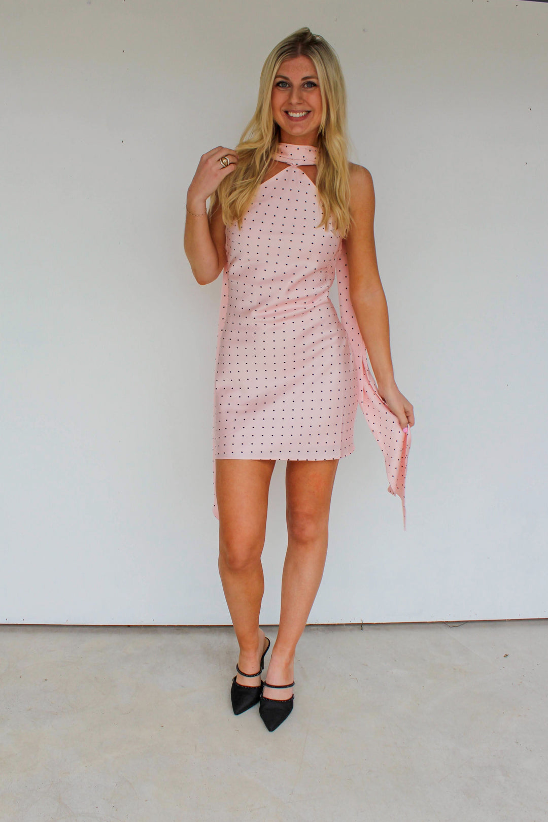 Pink Polka Dot Mini Dress with Scarf