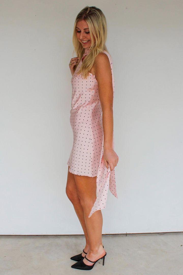Pink Polka Dot Mini Dress with Scarf