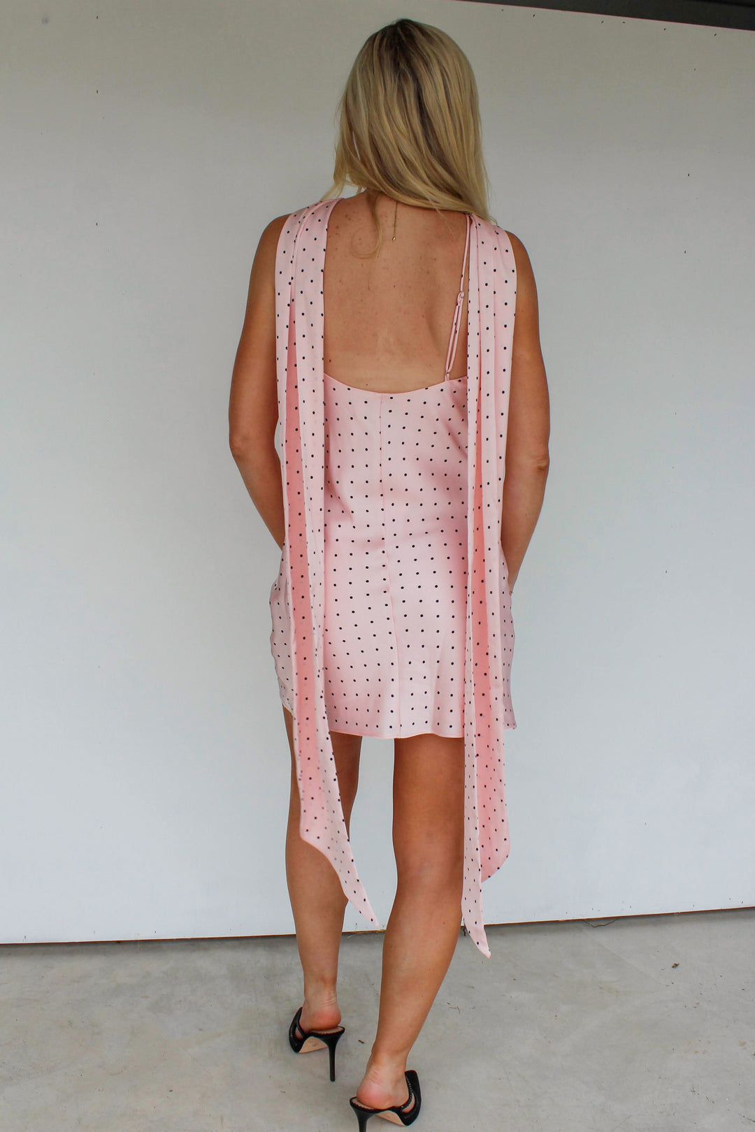 Pink Polka Dot Mini Dress with Scarf