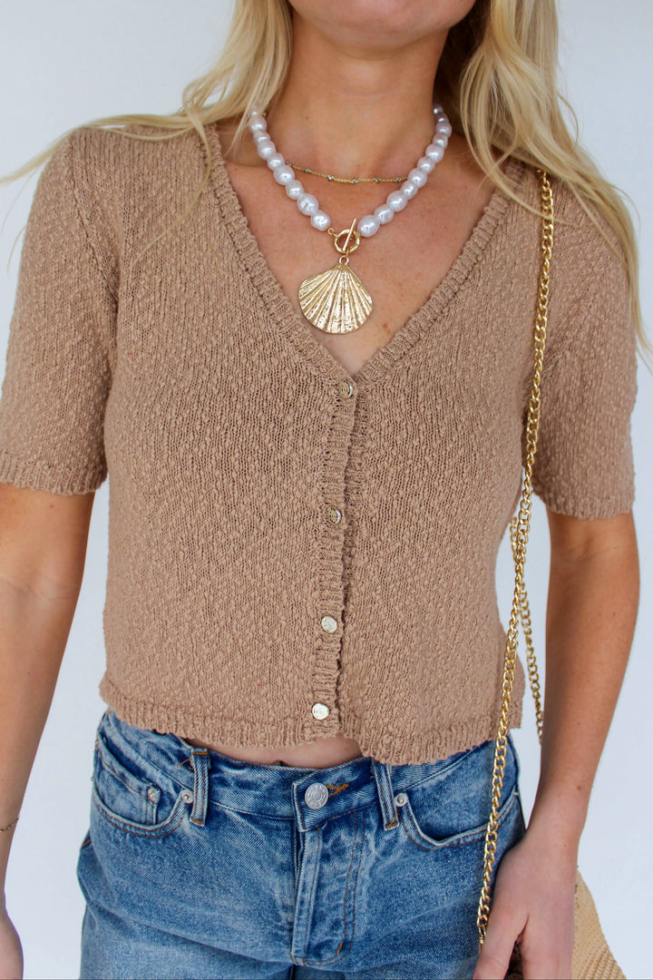 Tan Knit Button Down Top