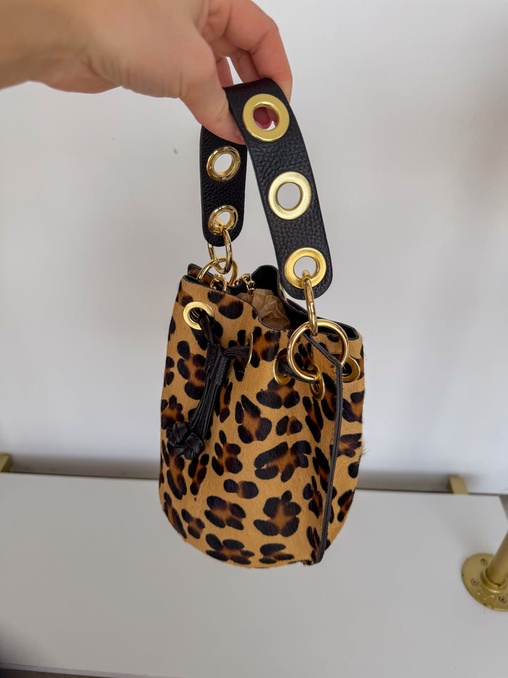 Leopard Fur & Leather Bucket Purse