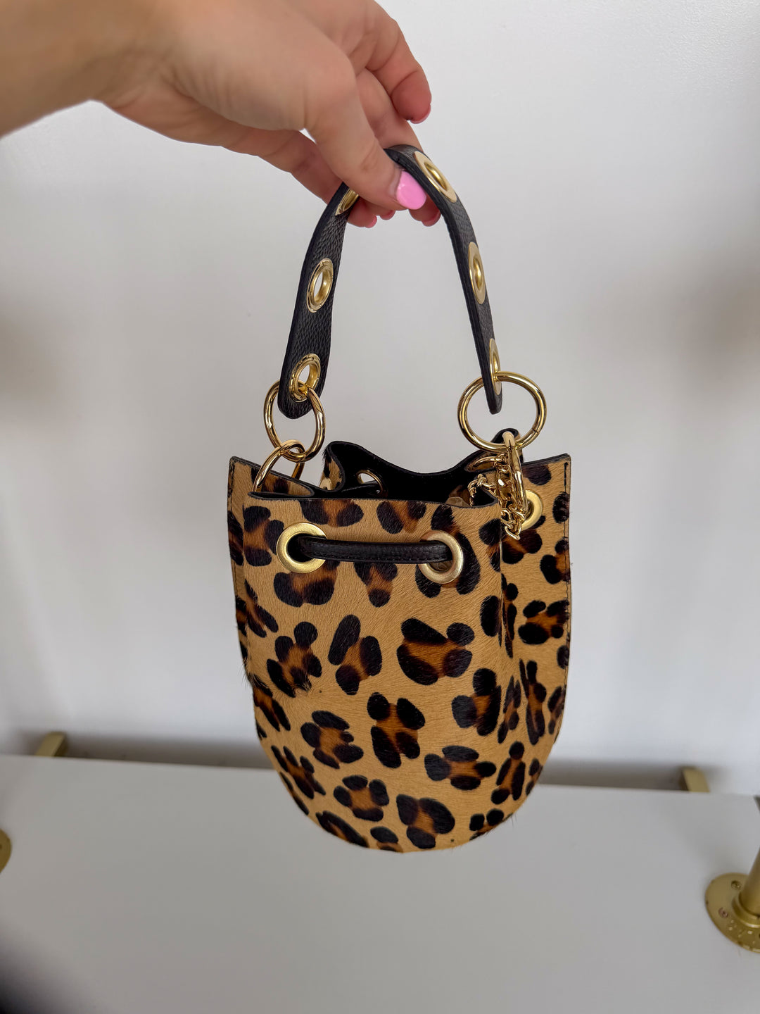 Leopard Fur & Leather Bucket Purse