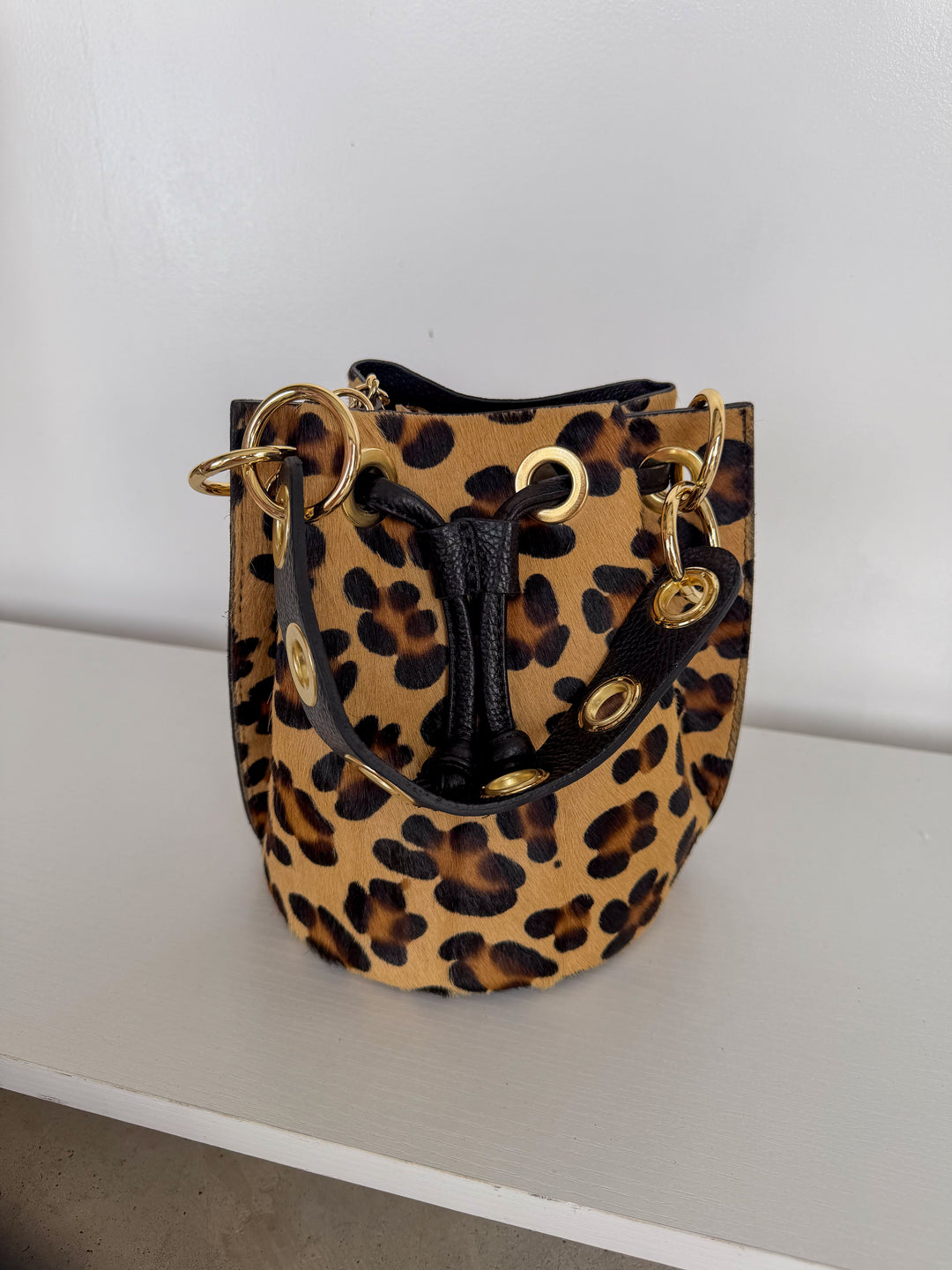 Leopard Fur & Leather Bucket Purse