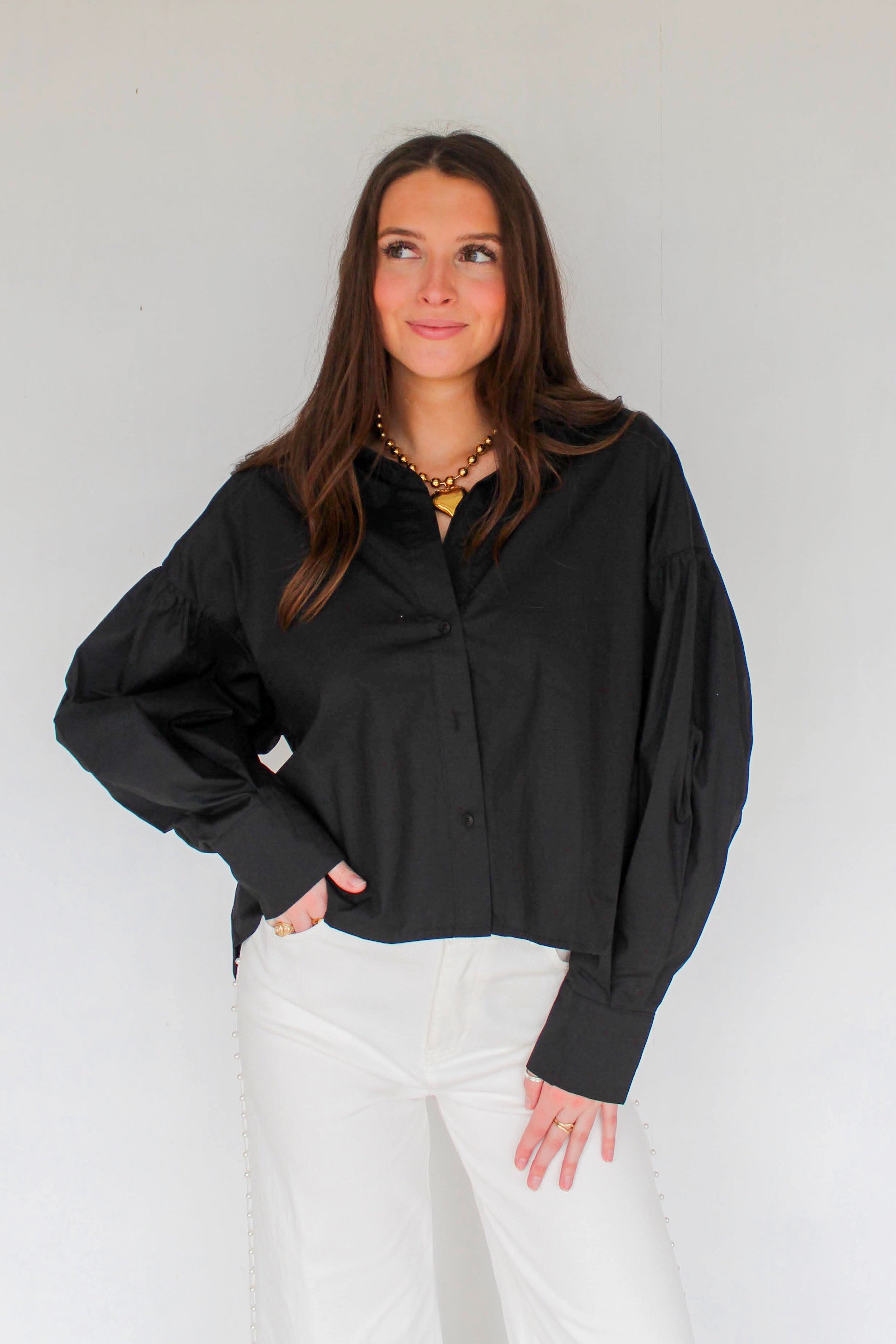womens black button down
