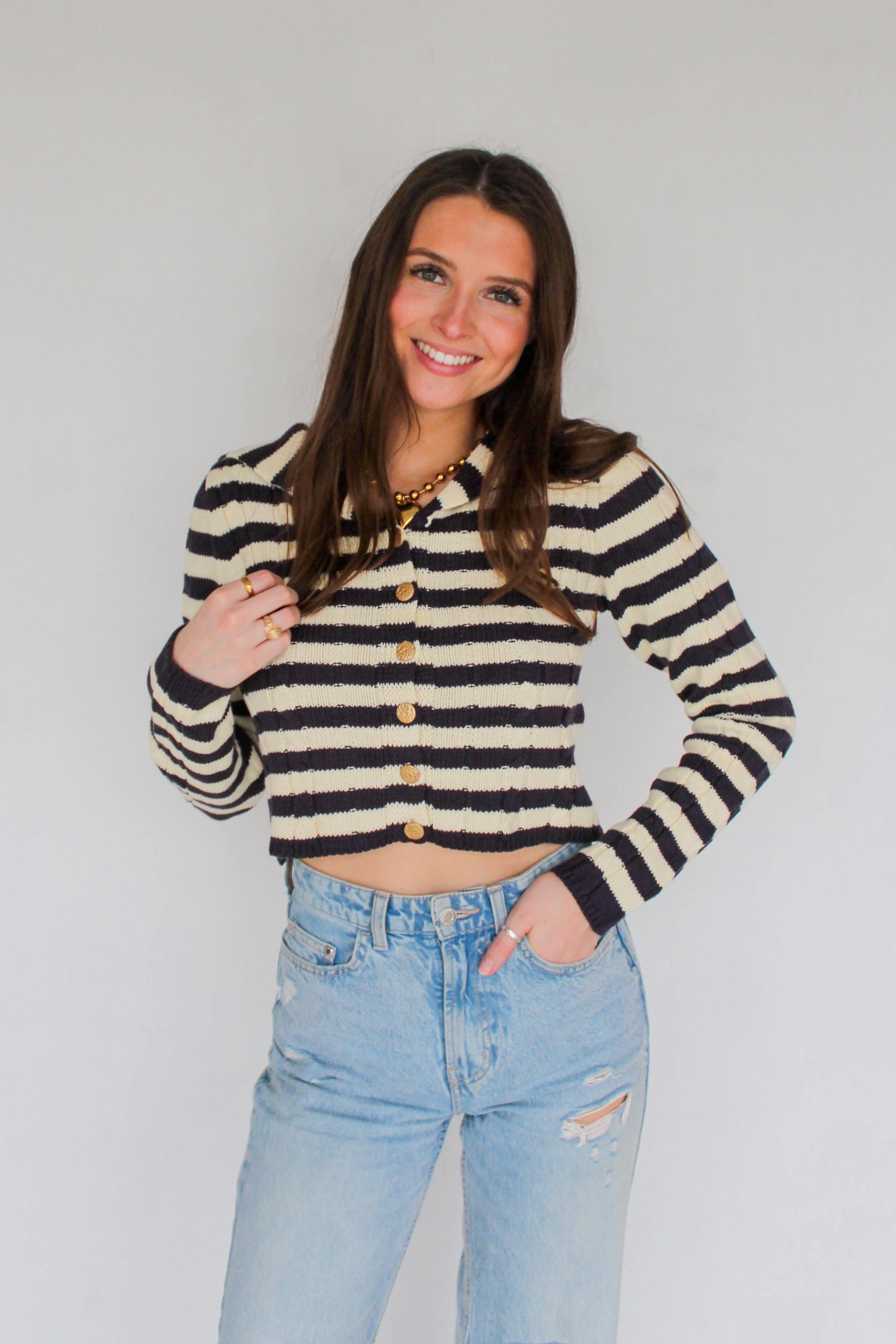 navy striped cardigan