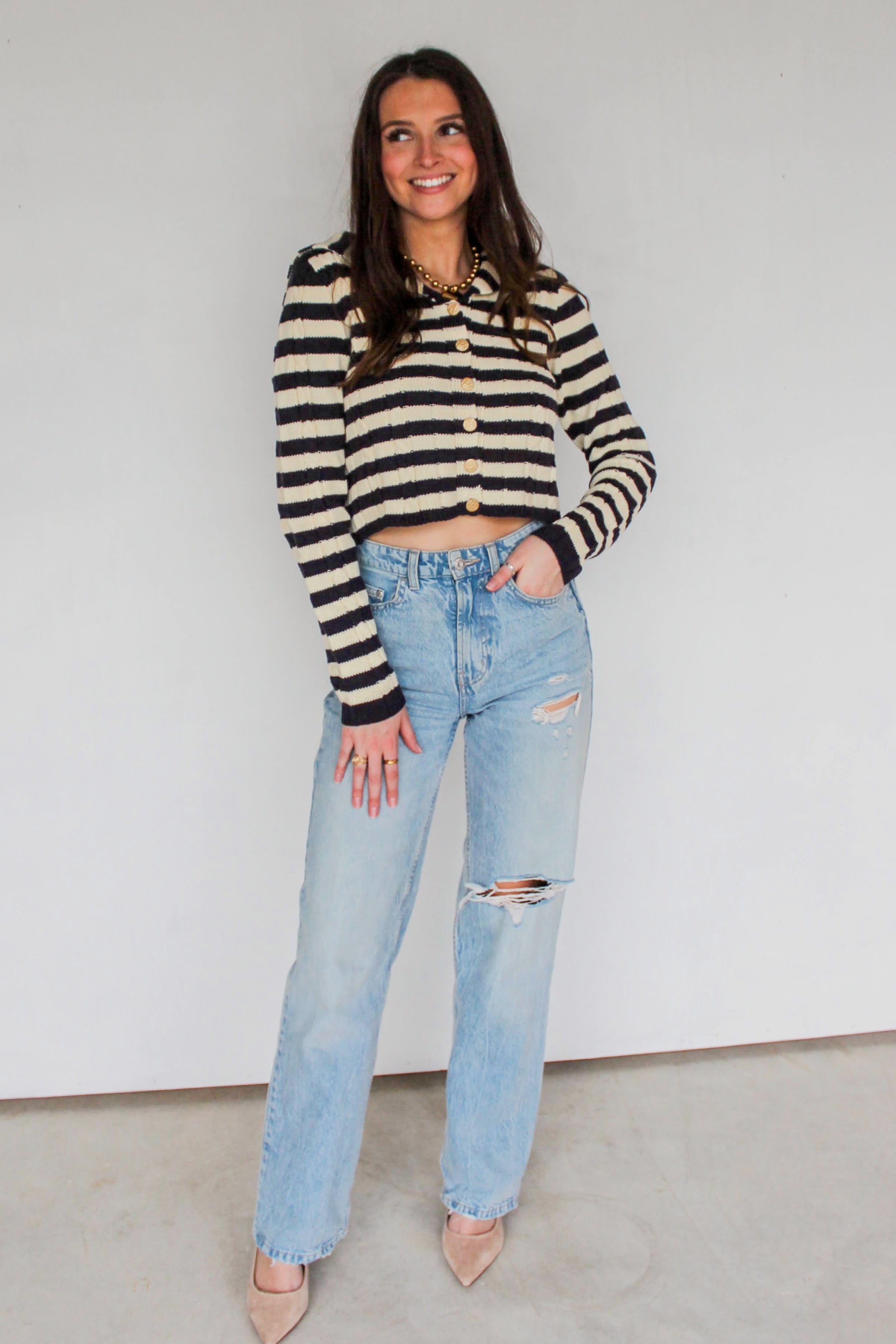 navy striped cardigan