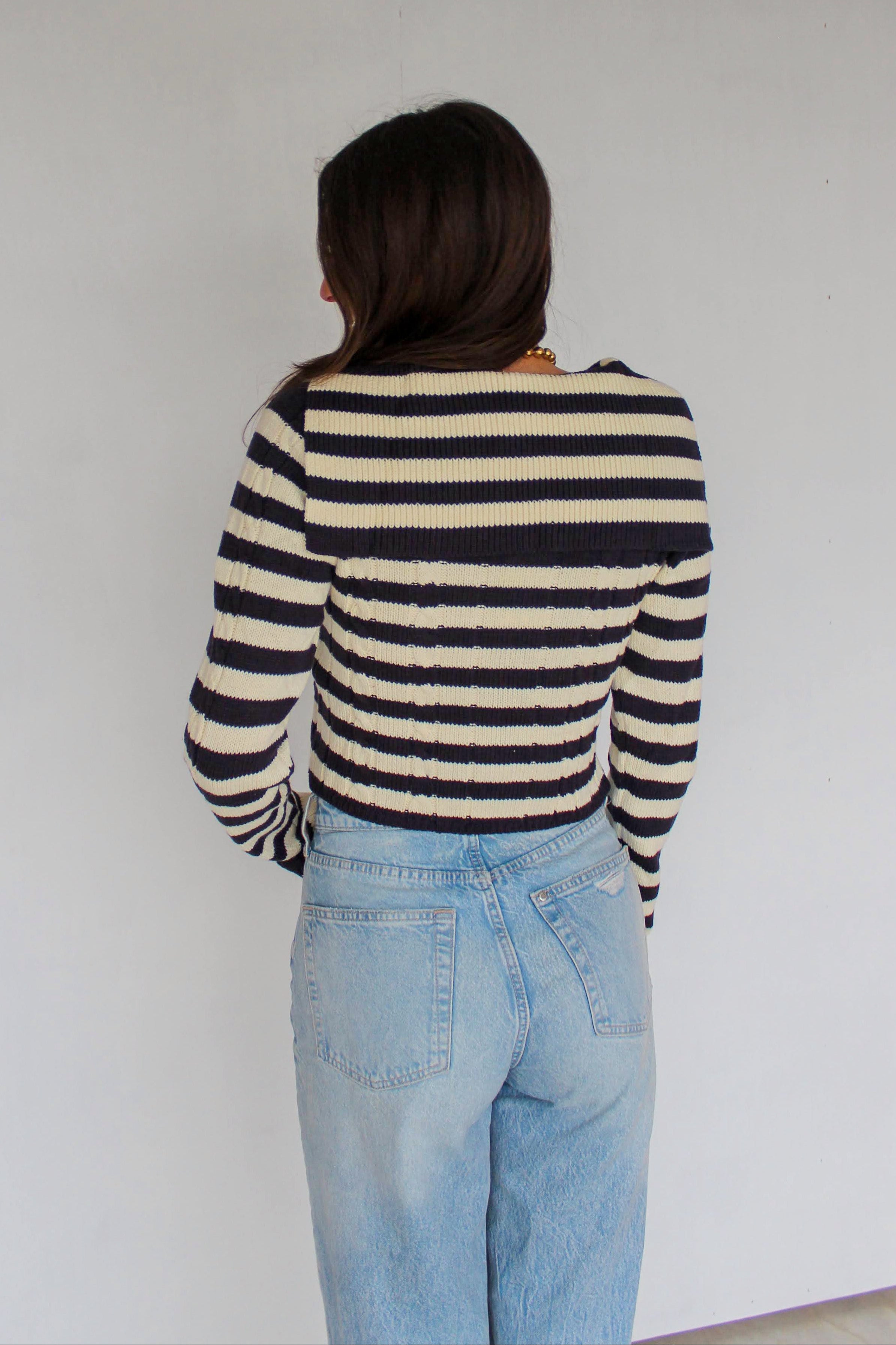 navy striped cardigan