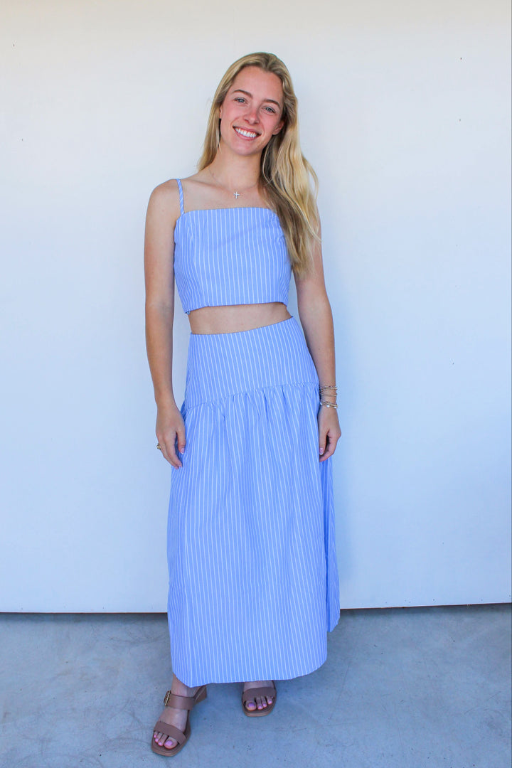Blue Pinstripe Maxi Skirt Set