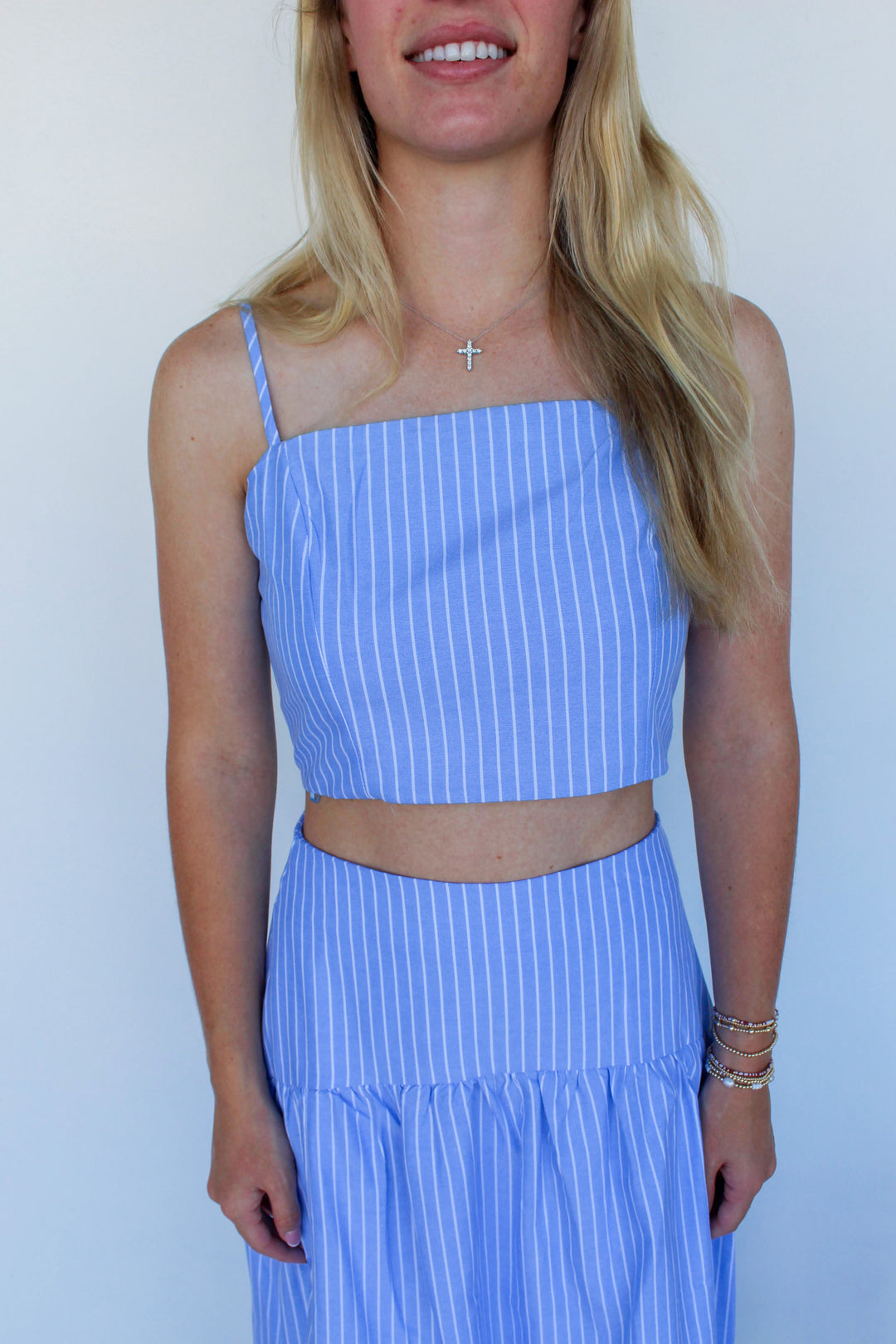 Blue Pinstripe Maxi Skirt Set