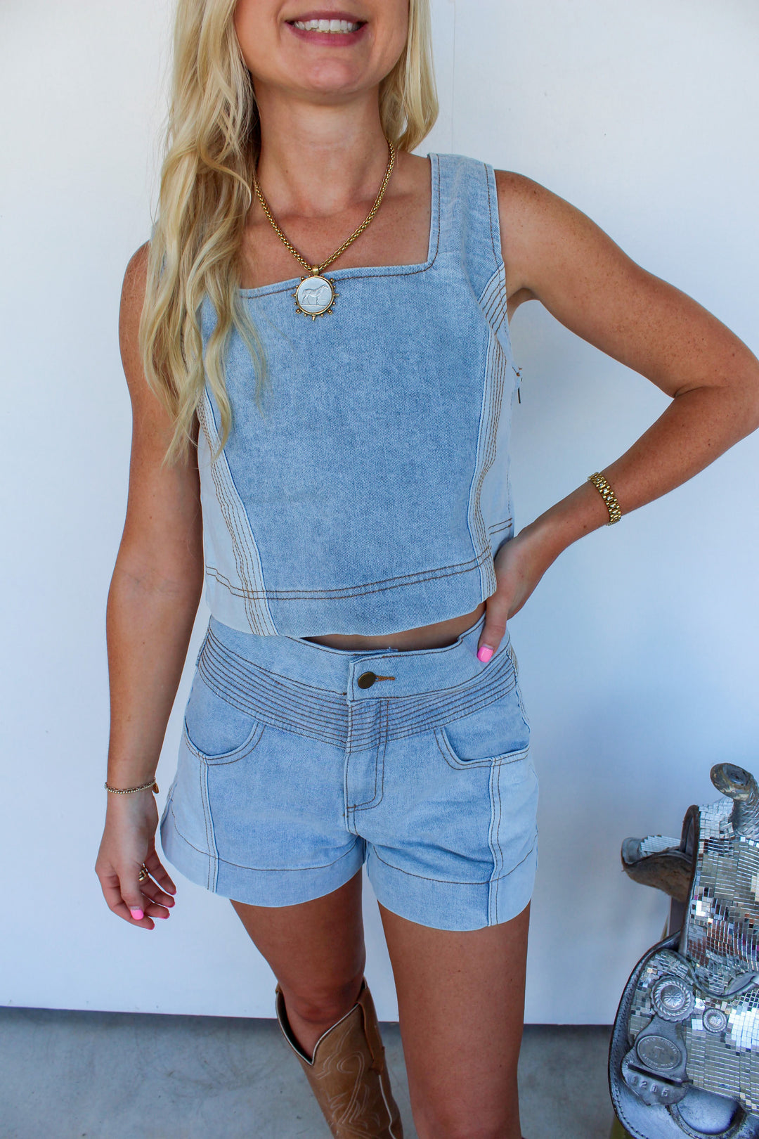 Denim Color Block Short Set