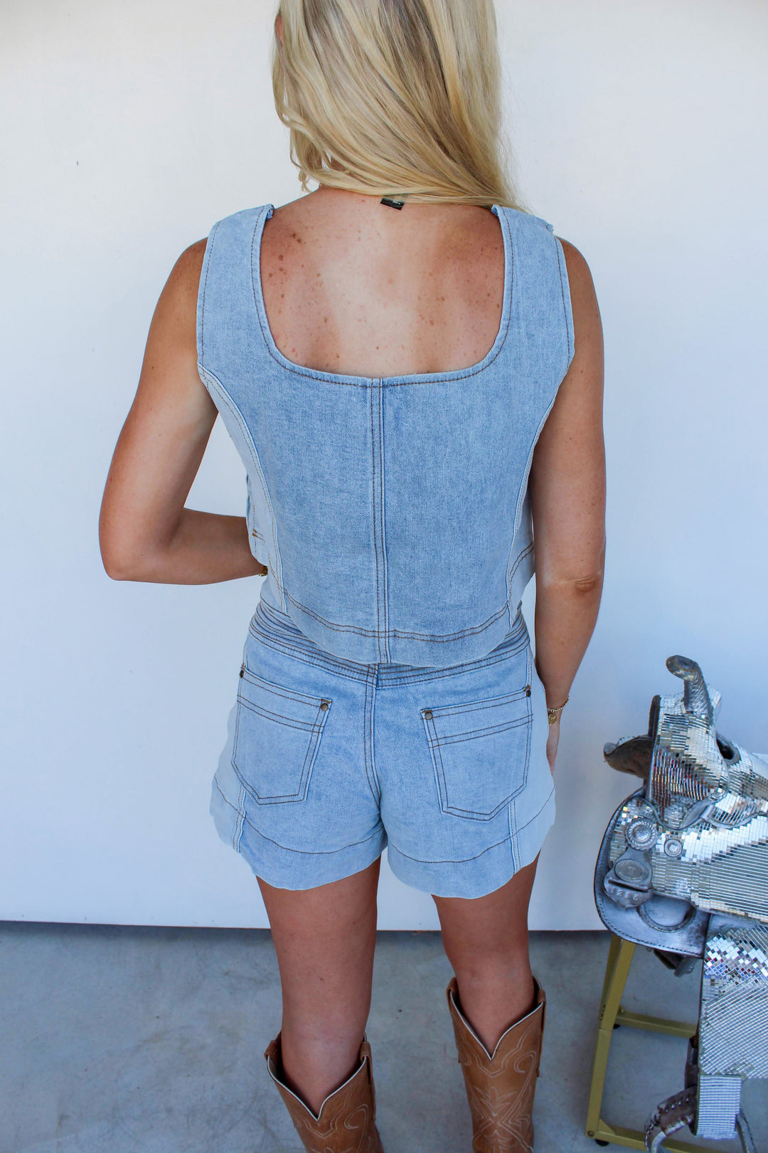 Denim Color Block Short Set