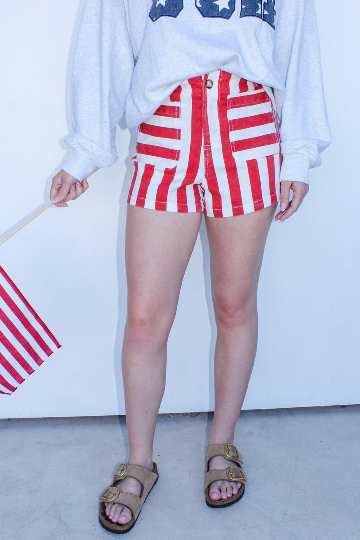 Red & White Striped Denim Shorts