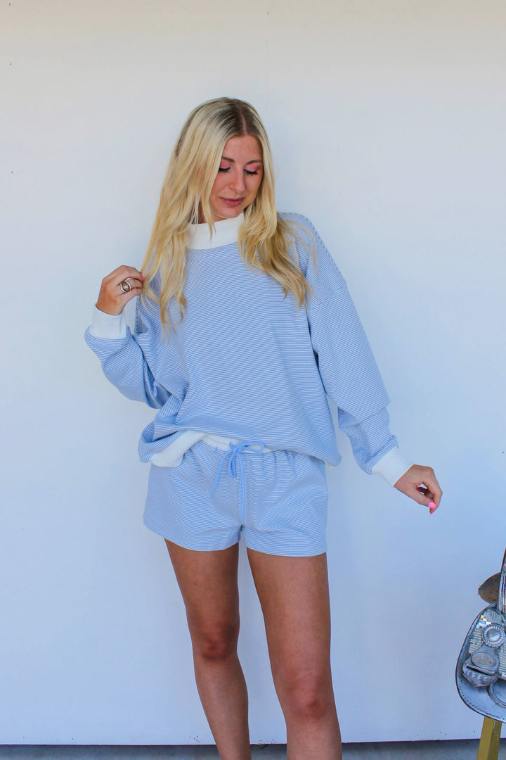 Blue Striped Mock Neck Set