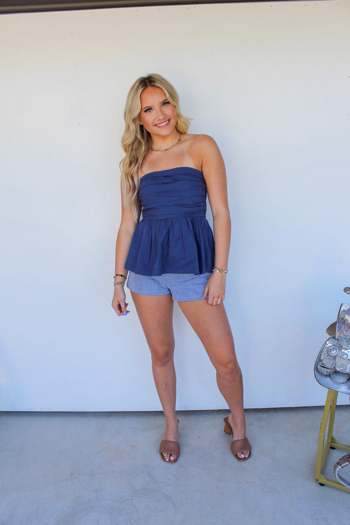 Mid Rise Navy Striped Shorts