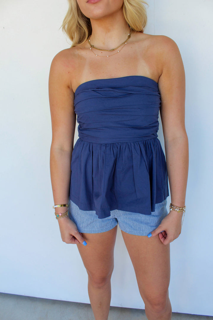 Strapless Navy Peplum Top
