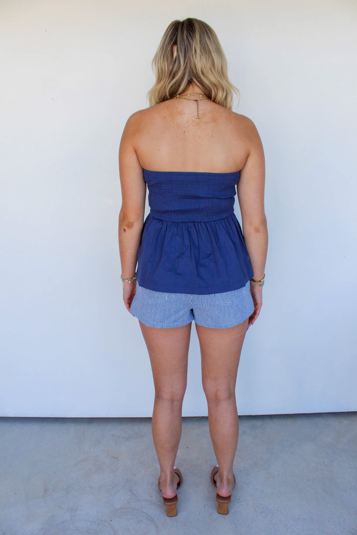 Strapless Navy Peplum Top