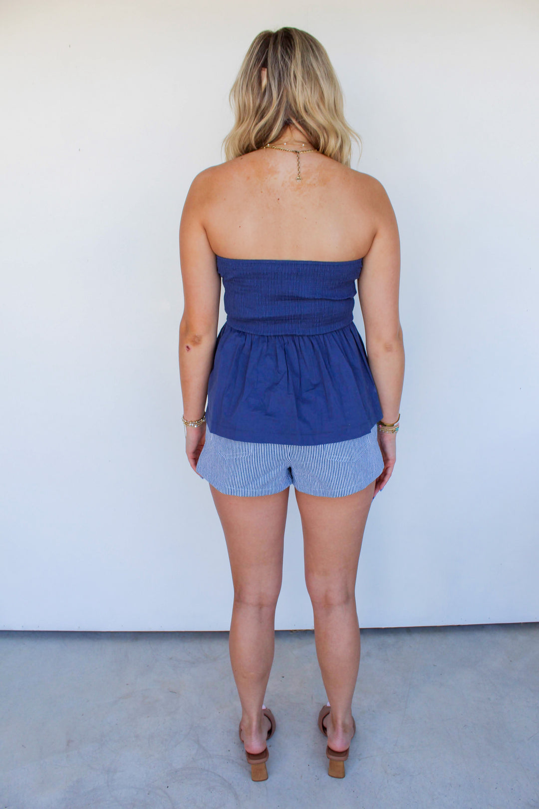 Mid Rise Navy Striped Shorts