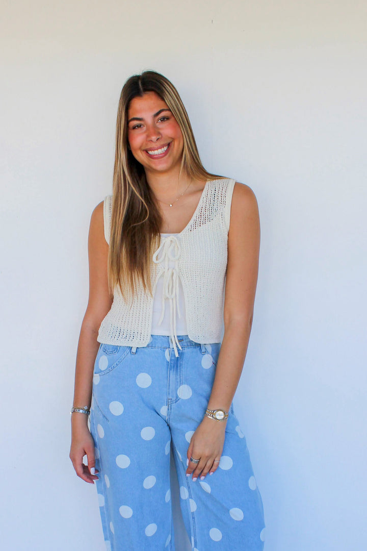 Front Tie Sleeveless Vest in Ivory