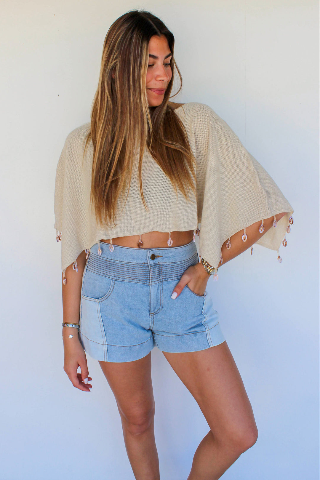 Poncho with Shell Charms in Beige