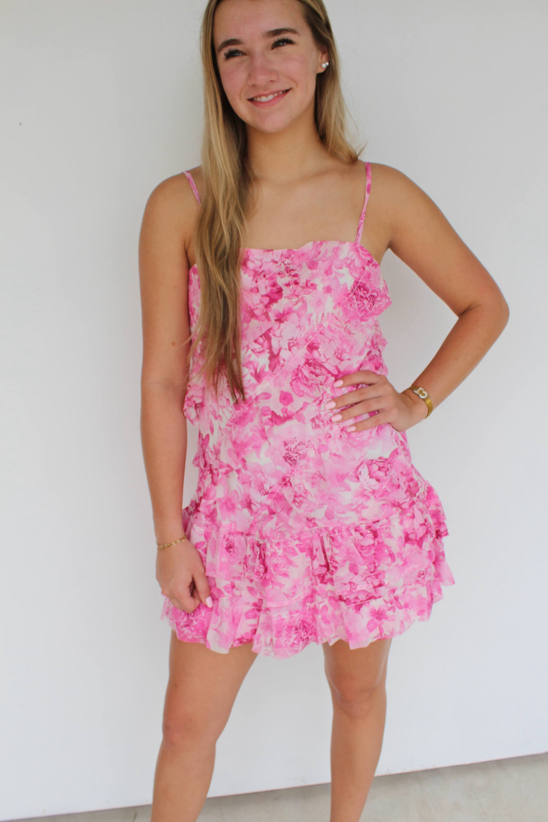 Pink Peony Ruffle Mini Dress