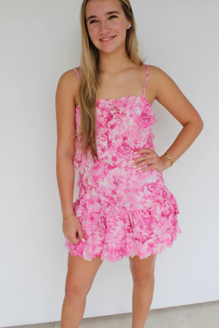 Pink Peony Ruffle Mini Dress