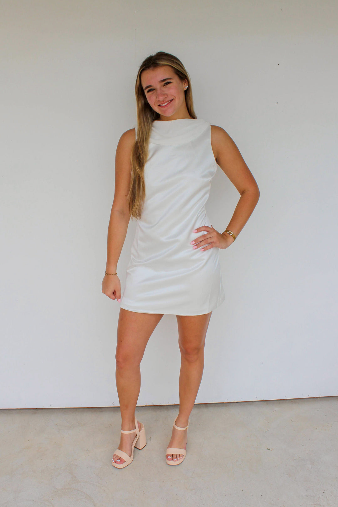 White Cowl Draped Mini Dress