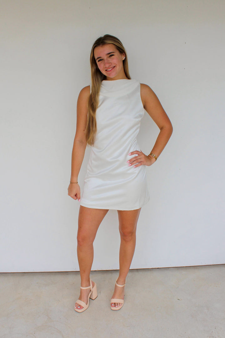 White Cowl Draped Mini Dress