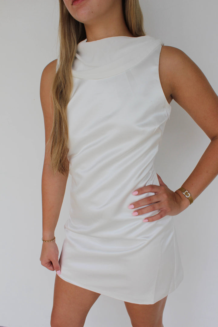 White Cowl Draped Mini Dress