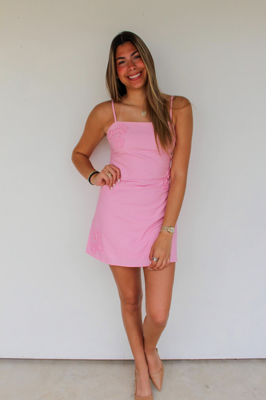 Pink Embroidered Mini Dress