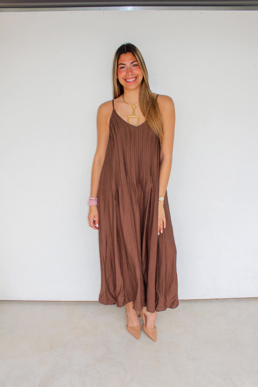 Pleated Maxi Dress in Brown