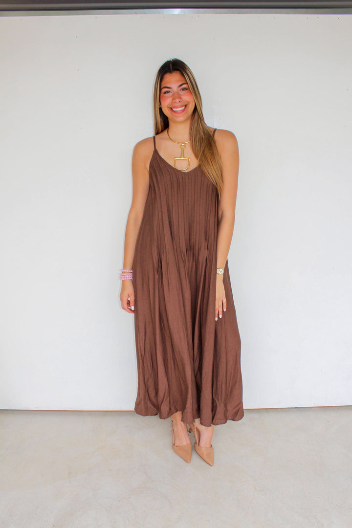 Pleated Maxi Dress in Brown