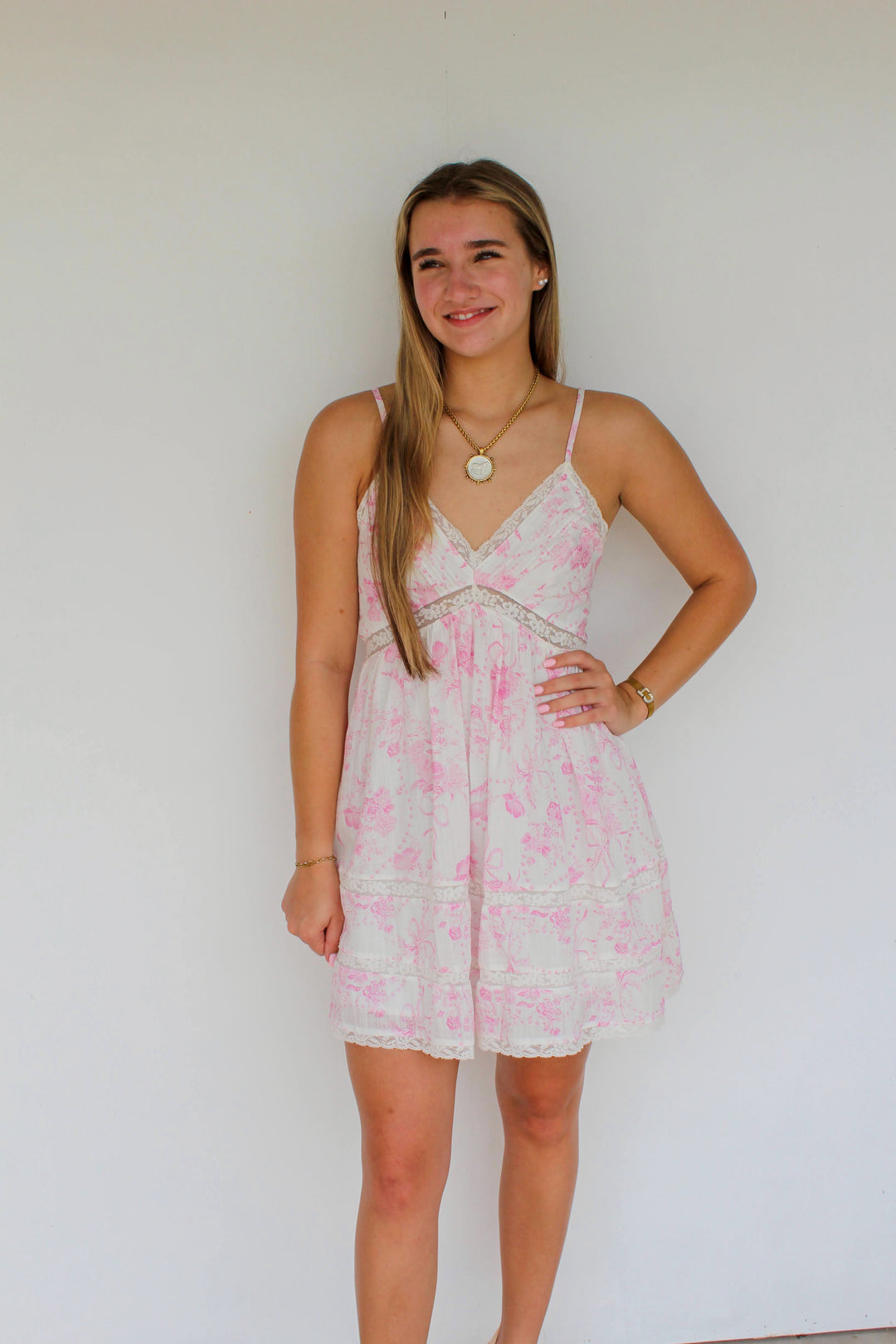 Pink Lace Trim Mini Dress
