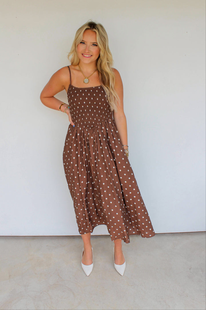 Polka Dot Smocked Midi Dress in Brown