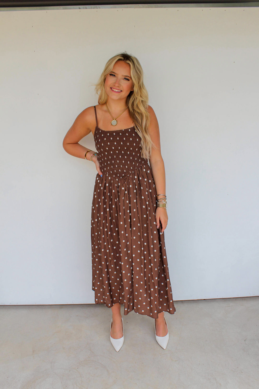 Polka Dot Smocked Midi Dress in Brown
